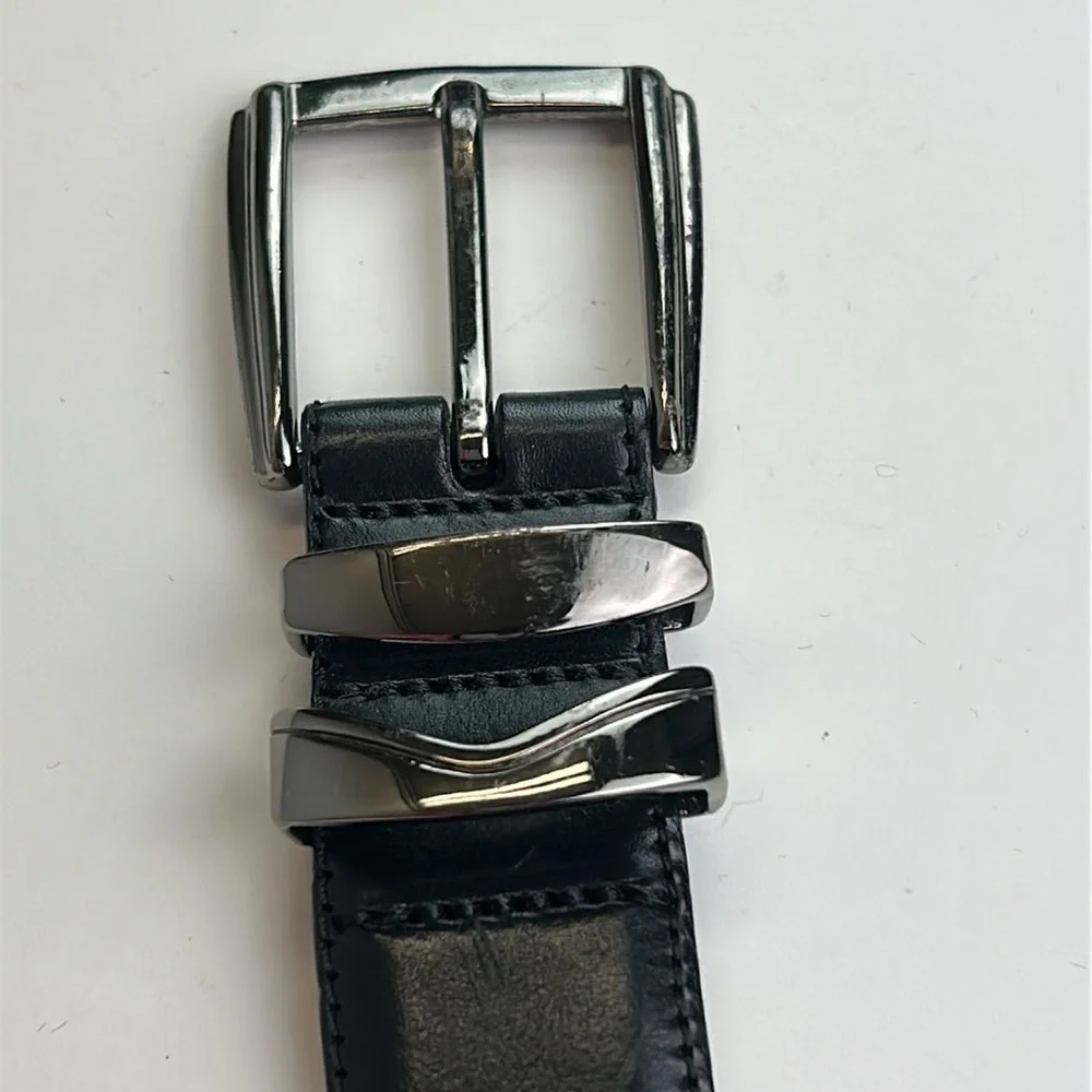 Mezlan Designer Black Leather Belt Silver Metal Buckle Made in Spain
